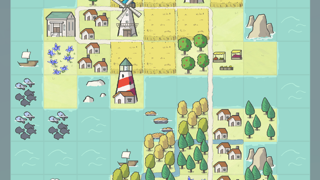 Square Valley — a completed island village on the tile-laying board